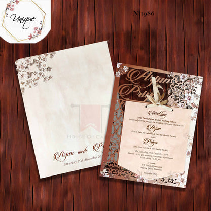 Half Shade Brown and Cream Custom Names Wooden Frame Invitation