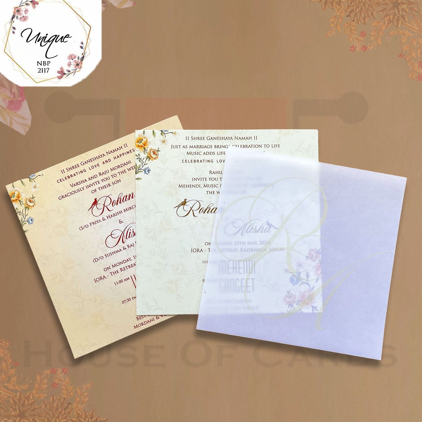 Four Side Opening With A Golden Acrylic Name Plate as Tag Floral Invitation