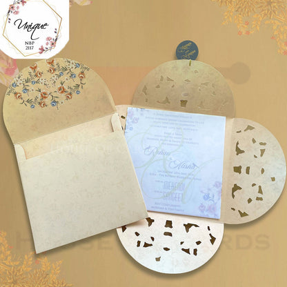 Four Side Opening With A Golden Acrylic Name Plate as Tag Floral Invitation