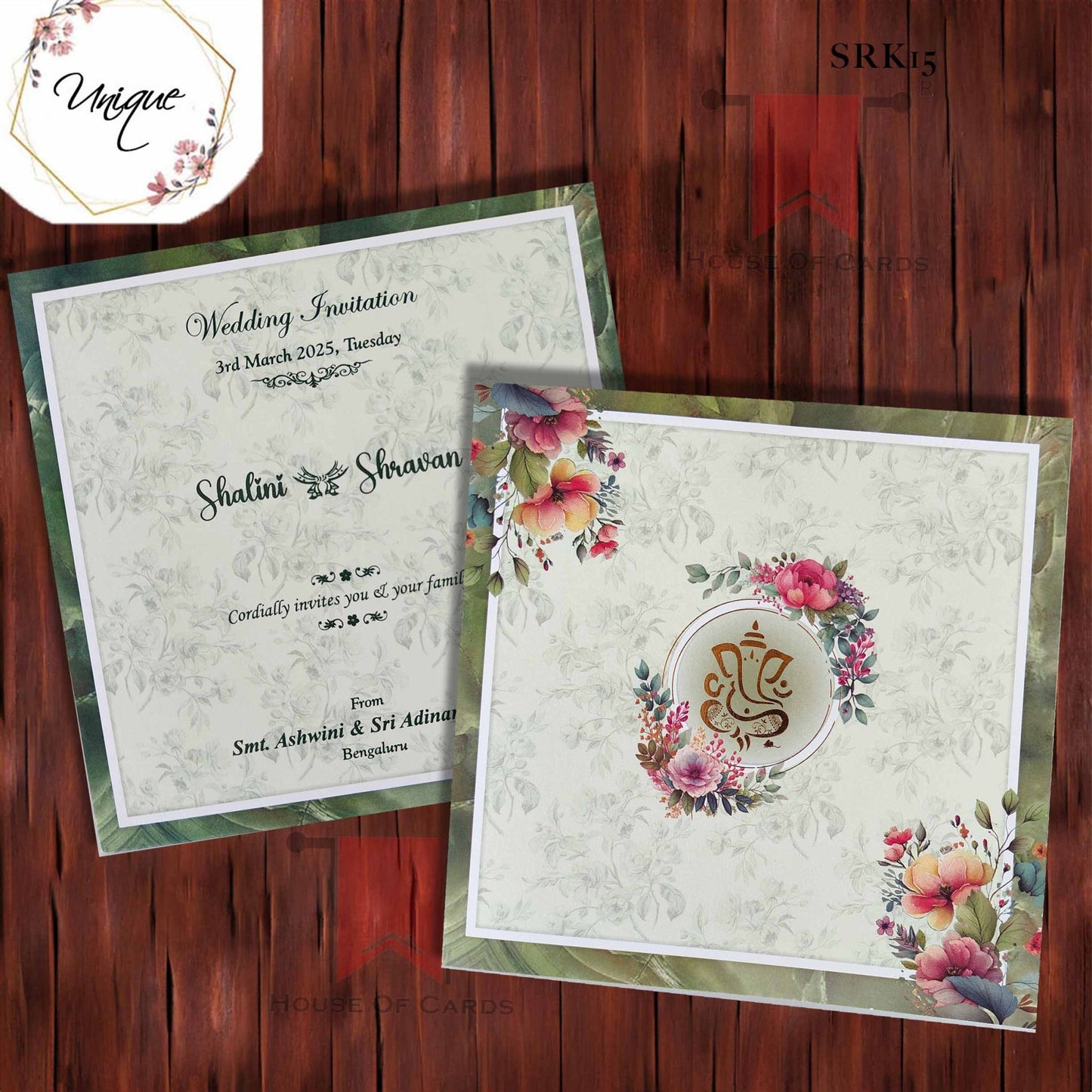 Green Floral Wedding Invitation With Embossed Ganesha