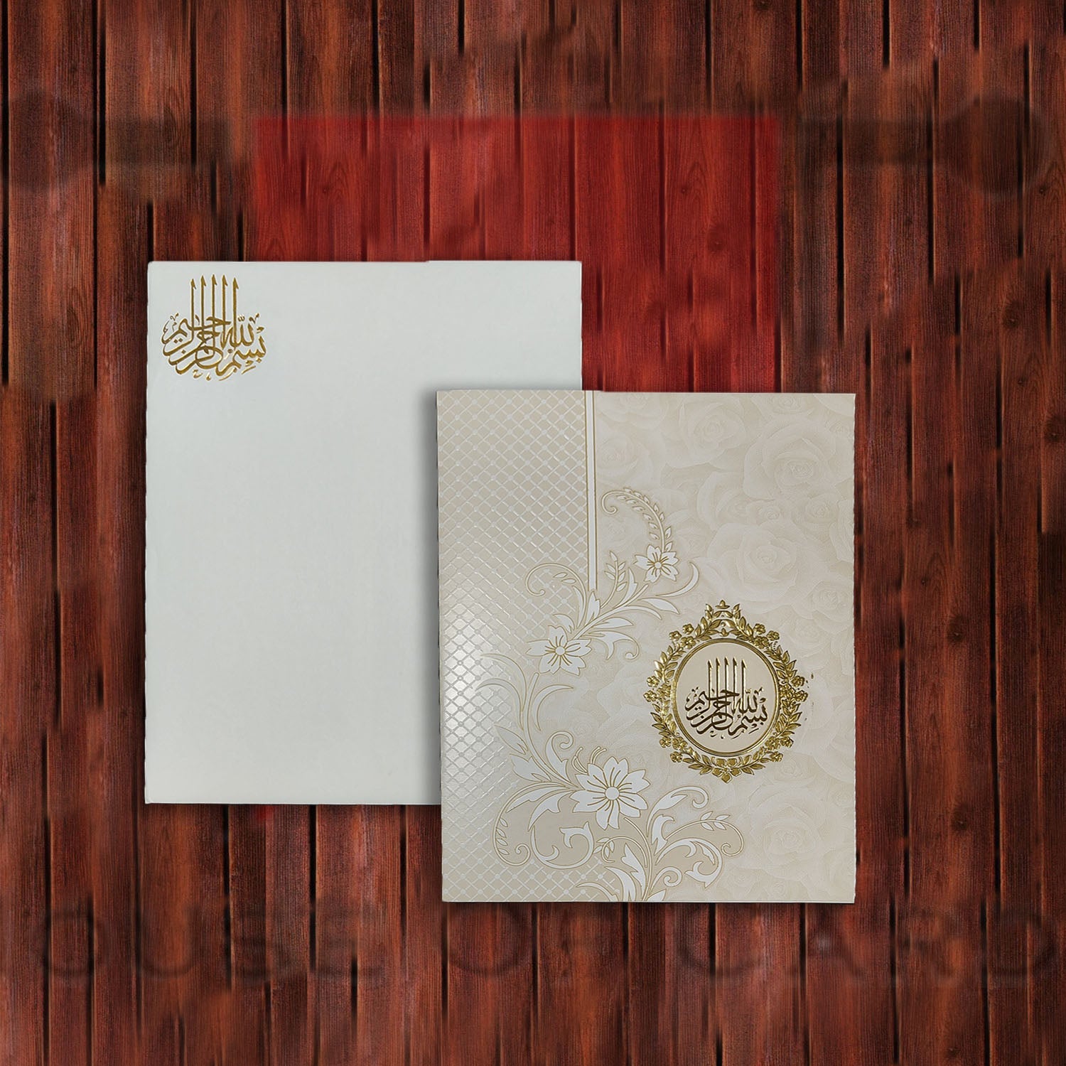 Off-White & Golden Floral Foiling Muslim Wedding Invitation