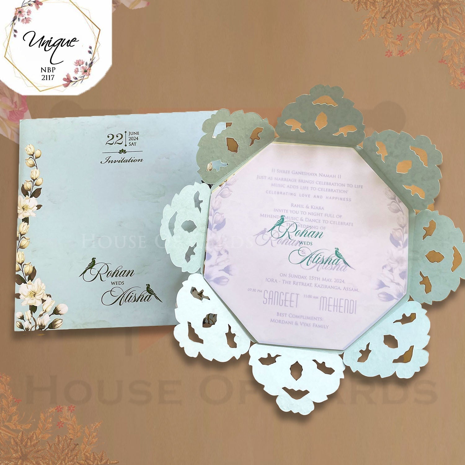 Pastel Blue Flower Opening Pattern Circulat Shape Floral Invitaiton