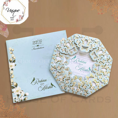 Pastel Blue Flower Opening Pattern Circulat Shape Floral Invitaiton