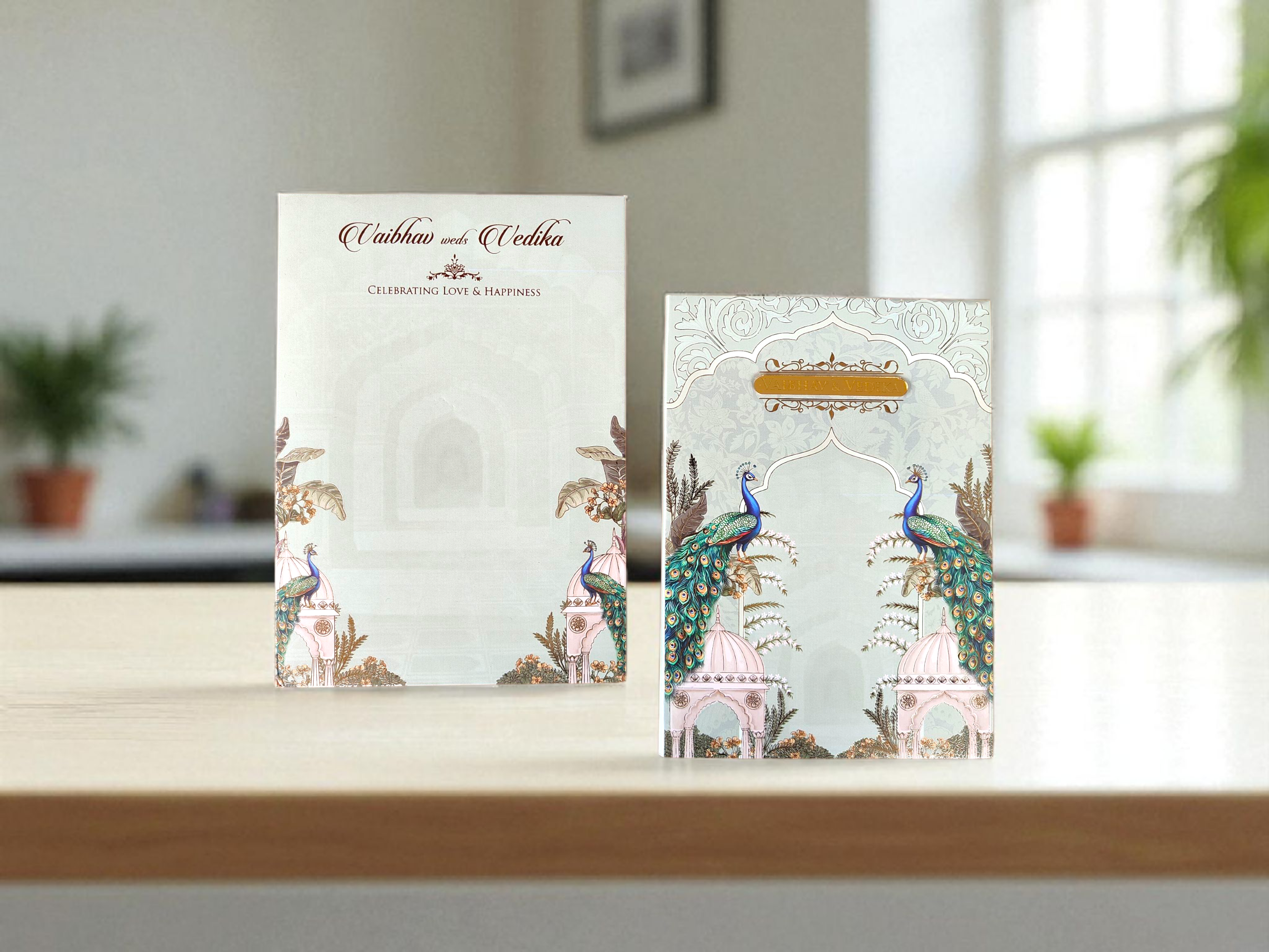 Peacock Pichwai Theme Padded Invitation Card