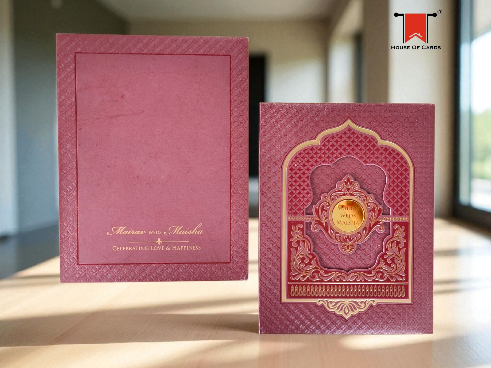 Royal Wine Padded Wedding Card with Gold Foil Arch Design