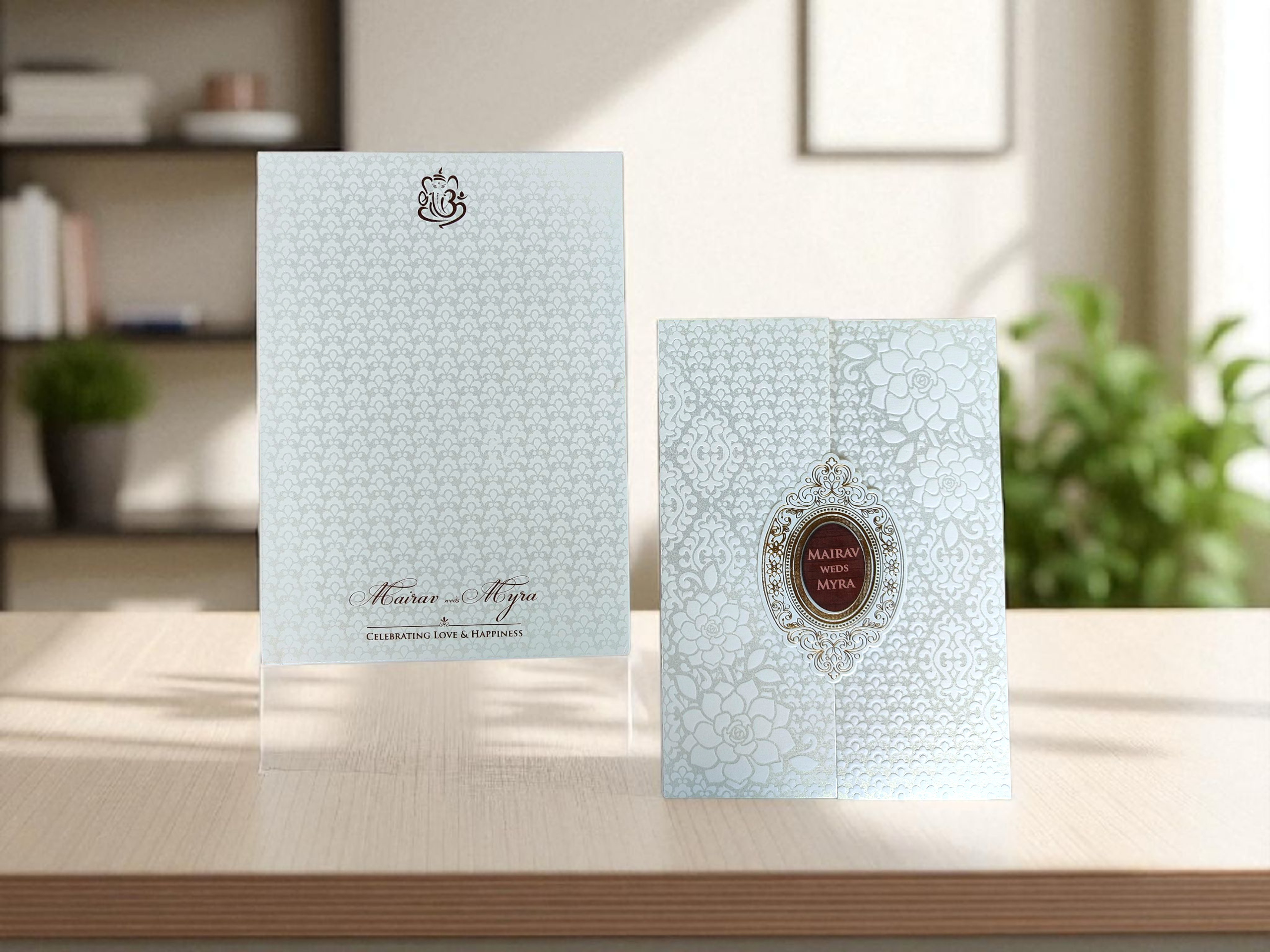Pearl White Intricate Floral Pattern Wedding Invitation