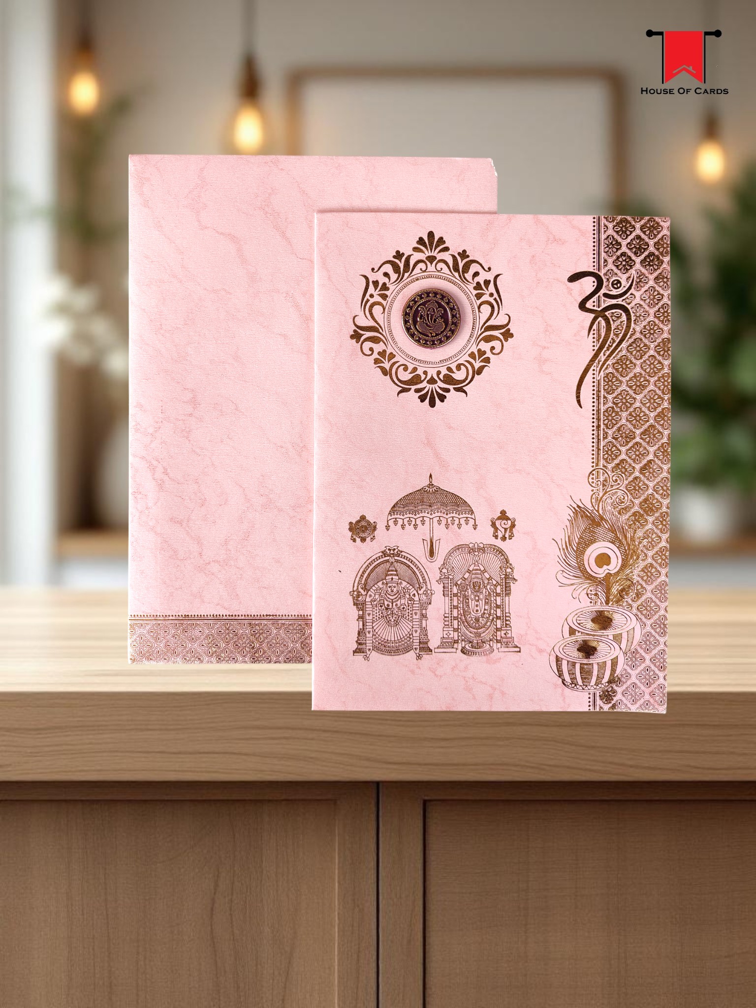 Lord Venkateshwara Pink Metallic Wedding Card