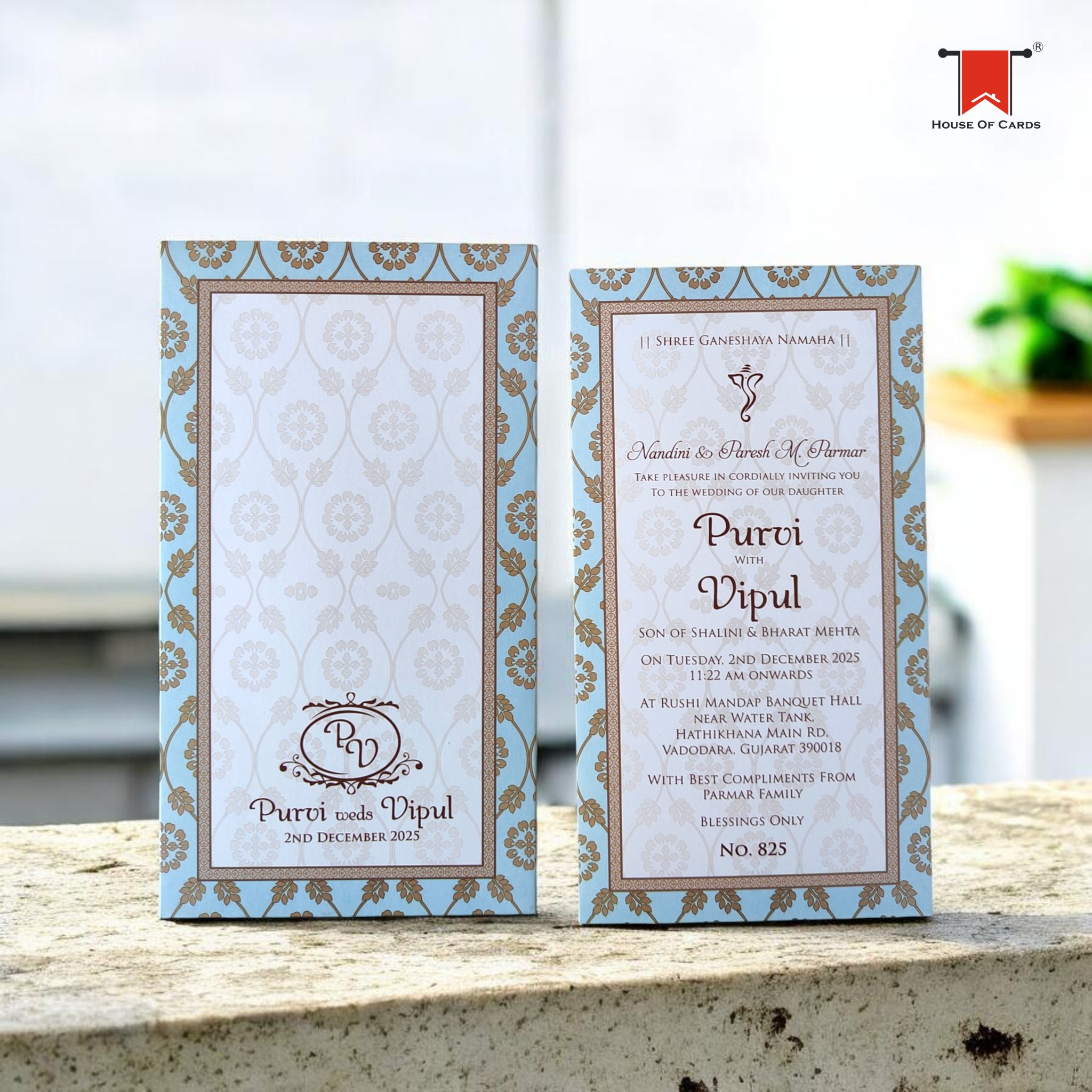 Floral Motif Style Blue Shade Single Invitation Card
