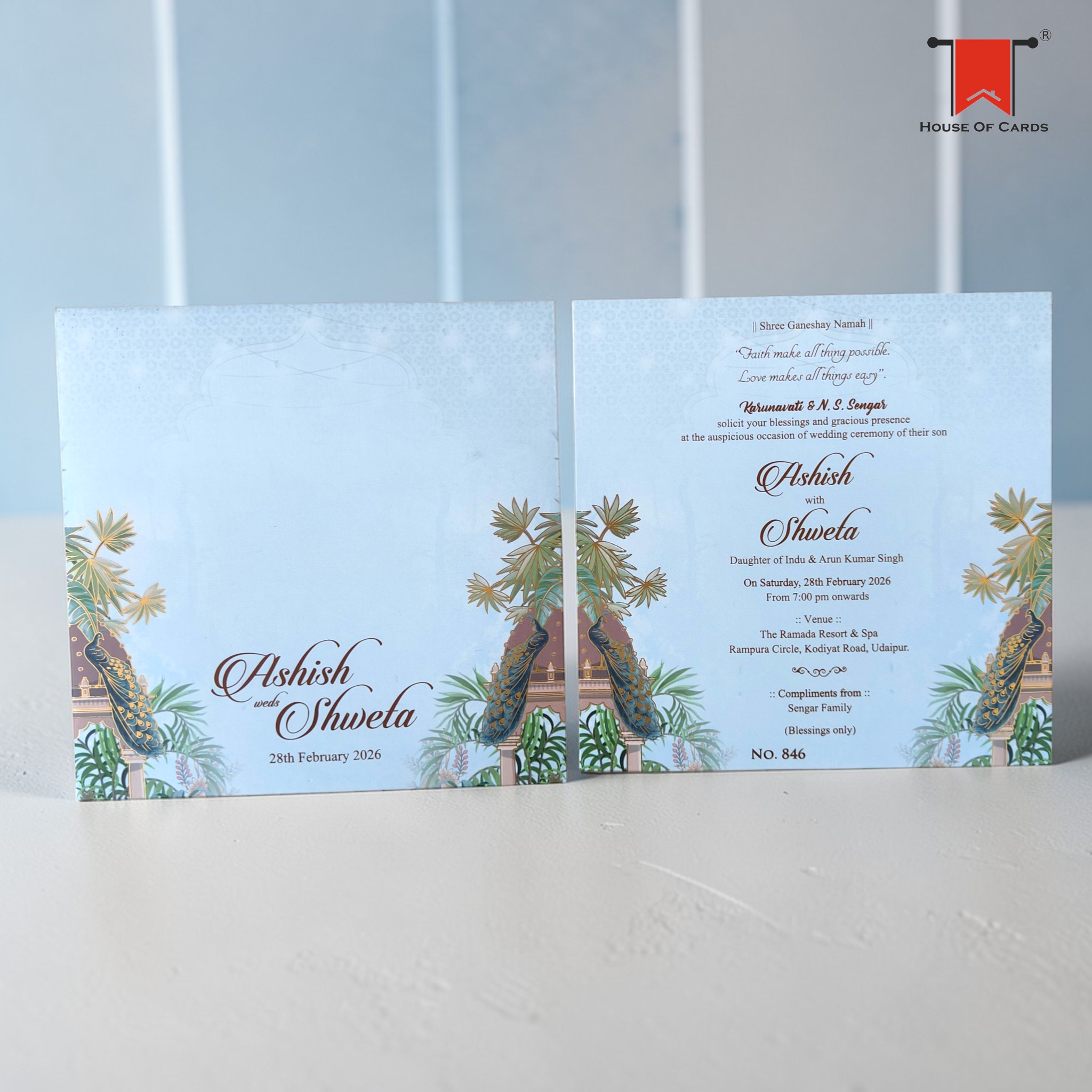 Pichwai Theme Light Blue Pastel Single Wedding Card